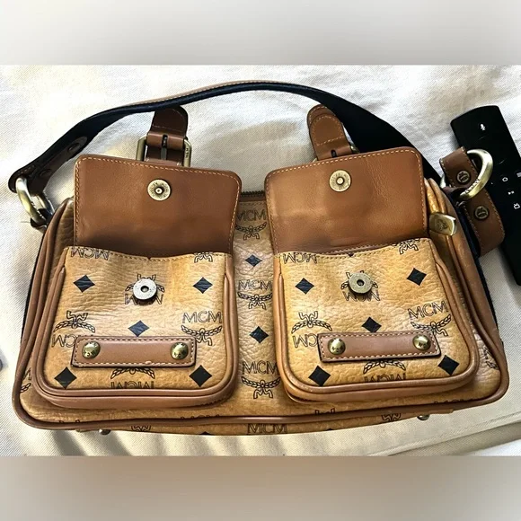 MCM Cognac Visetos Pocket Satchel Brown Handbags and Purses Leather Shoulder Bag